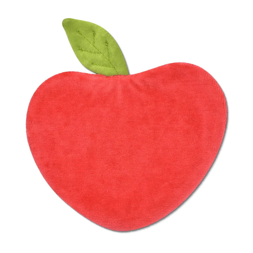 Red apple-shaped plush toy with a green leaf on a white background
