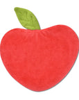 Red apple-shaped plush toy with a green leaf on a white background