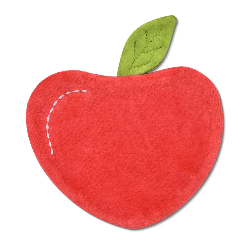 Red apple-shaped mat with a green leaf on a white background