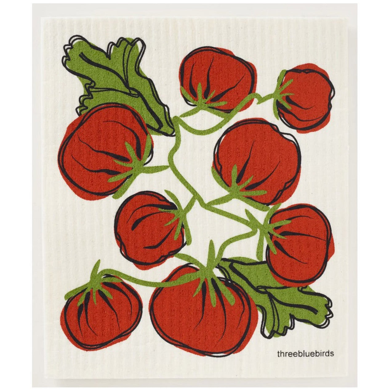 Swedish dishcloth with red tomatoes on a green vine printed on it