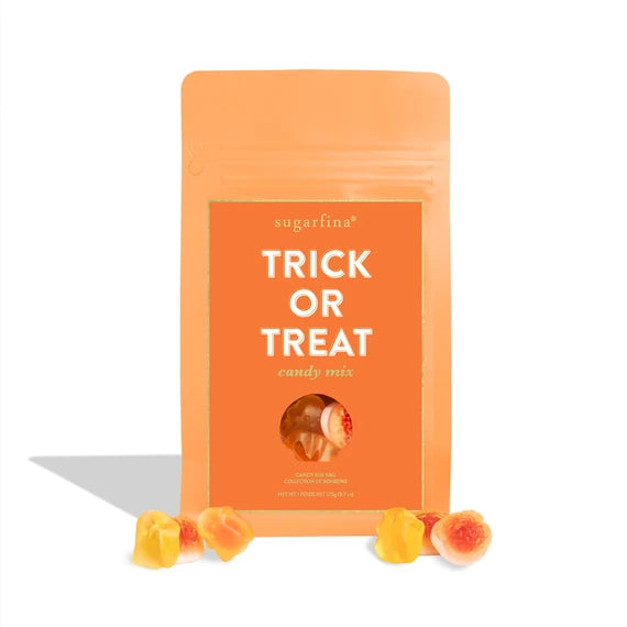 Orange 'Trick or Treat' candy mix package with gummy worms on a white background