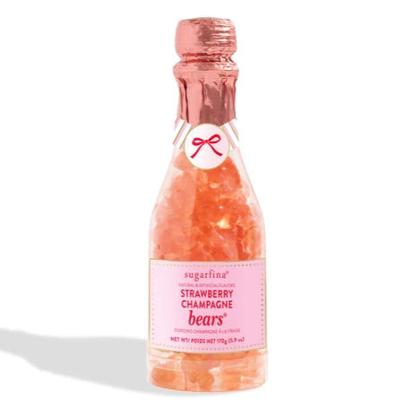 Champagne-shaped bottle of strawberry champagne gummy bears.