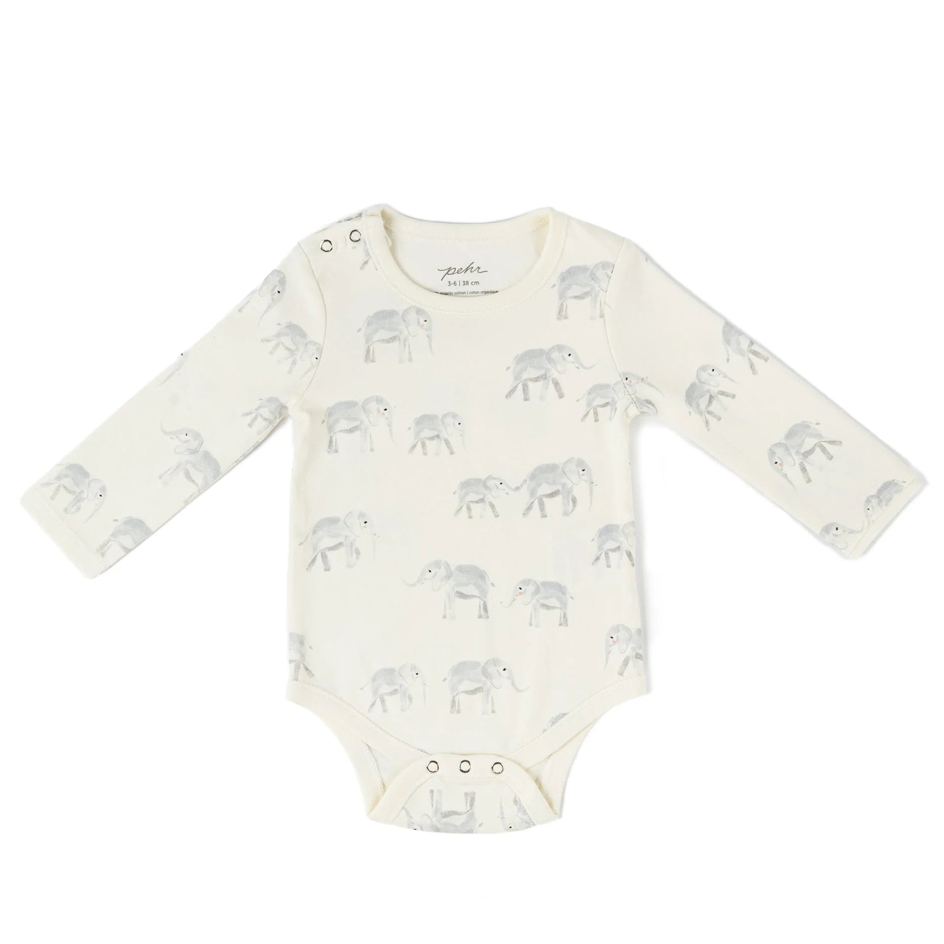 white baby one-piece with blue elephants 