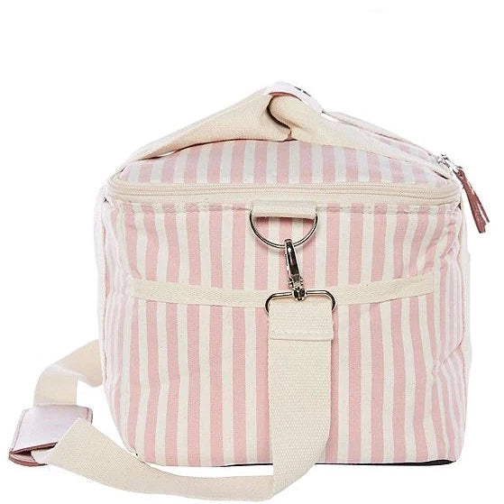 side view of the pink striped premium cooler bag. the sides have pockets for extra storage 