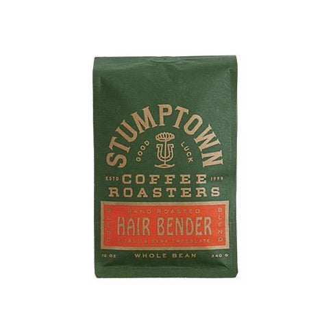 Dark green coffee bag with gold text. On the bottom third of the bag is a red colored box that gold text that reads "Hair Bender"