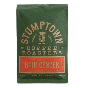 Dark green coffee bag with gold text. On the bottom third of the bag is a red colored box that gold text that reads "Hair Bender"