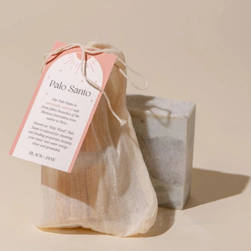 Muslin bag with tag that reads &quot;Palo Santo&quot;