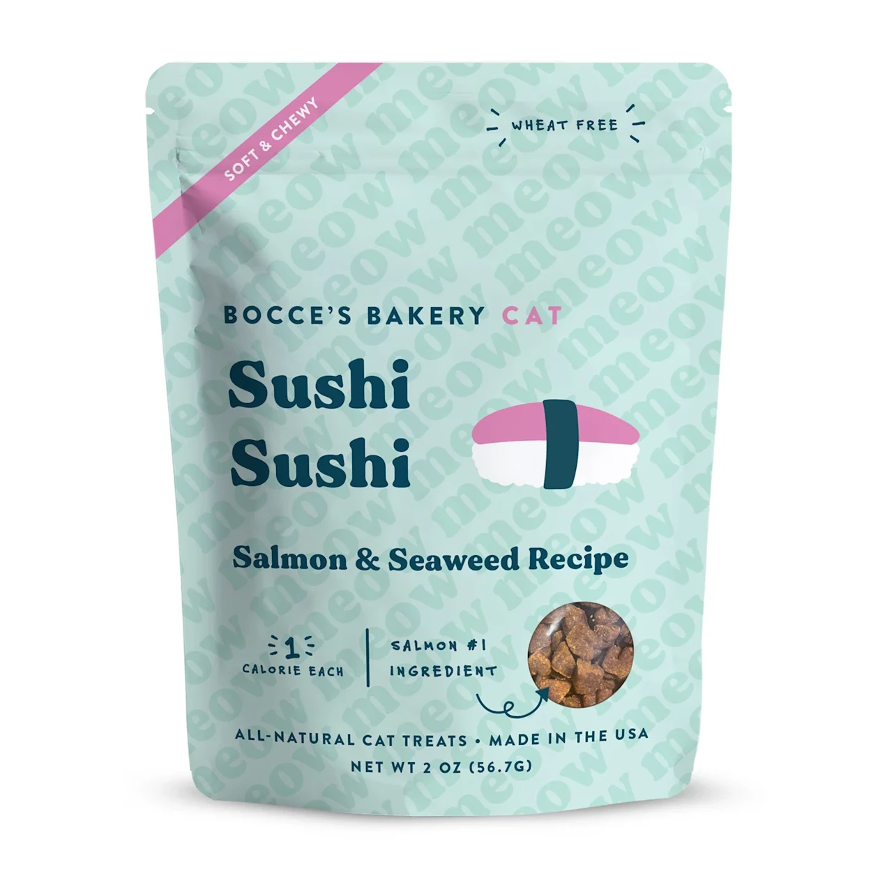 sushi sushi cat treats packaging is a light blue bag with meow printed all over it
