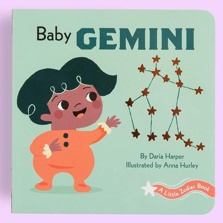 light green baby gemini book cover with gemini constellation to the right of the baby gemini