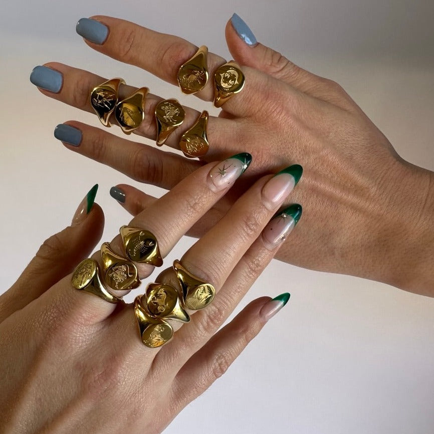 Two women&#39;s hands against a white background. Each hand has 6 total rings. The rings are gold plated engraved zodiac sign rings.
