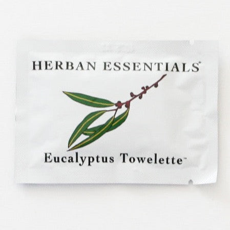 Single towelette packaging with eucalyptus branch on front.