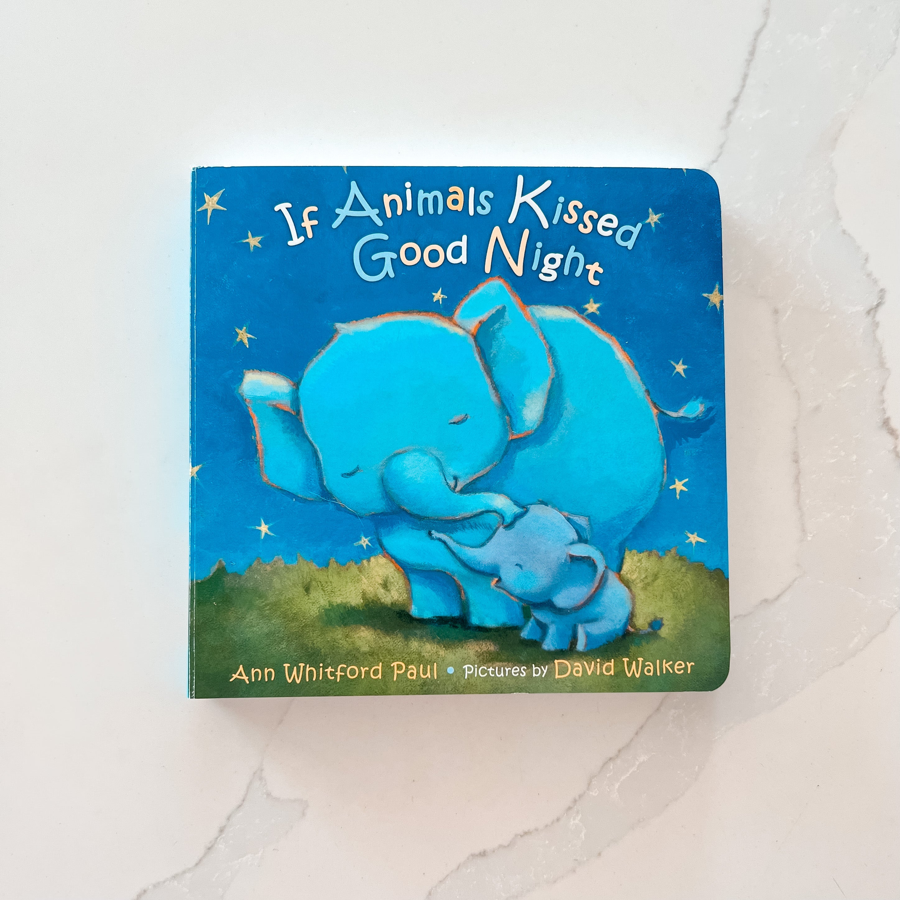 If Animals Kissed Goodnight Board Book with Parent Elephant and Baby Elephant Illustration.
