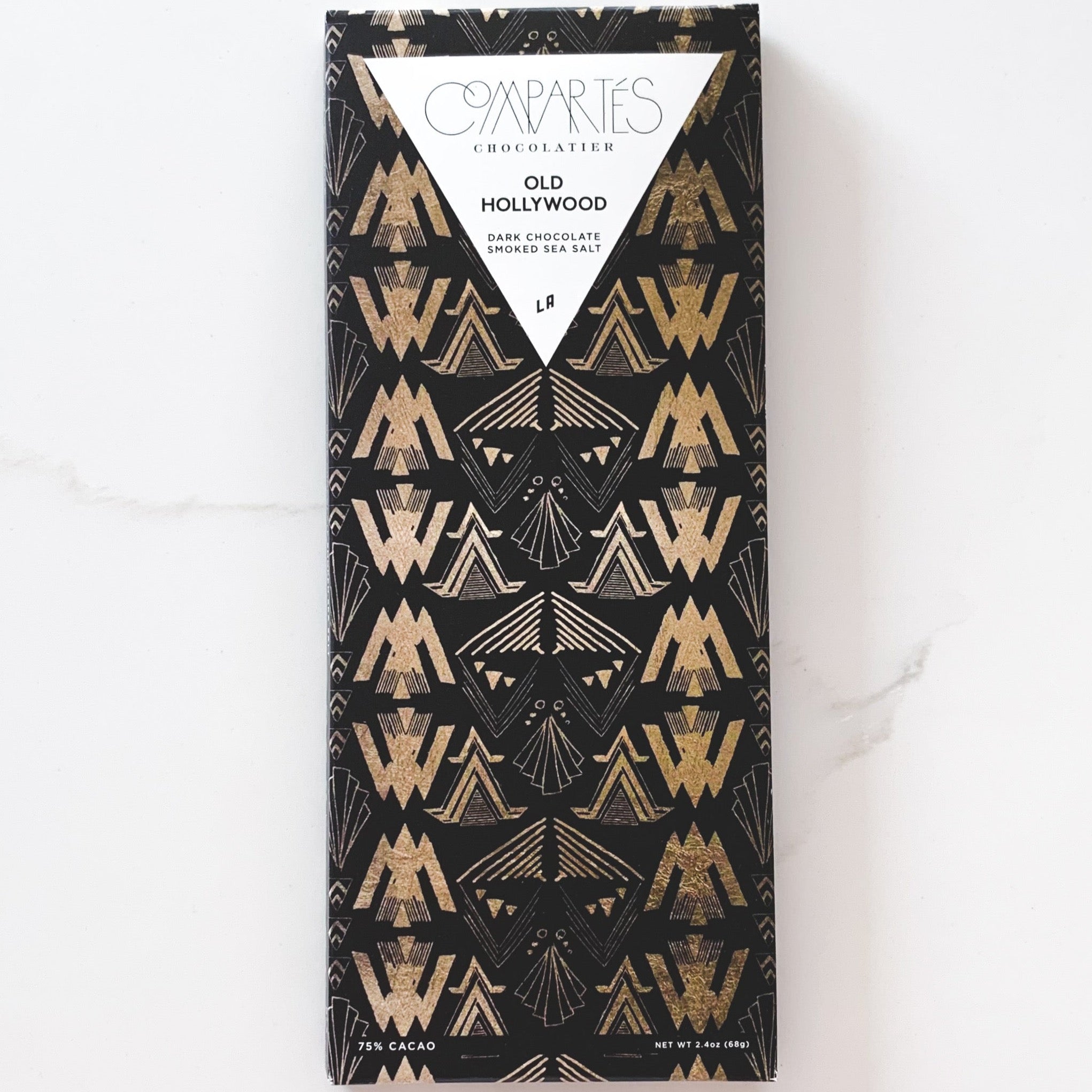 Compartes Old Hollywood Chocolate Bar with Black and gold art deco packaging
