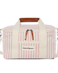 Pink and white striped premium cooler bag. Has white stripe on both ends and a handle with leather accents. 