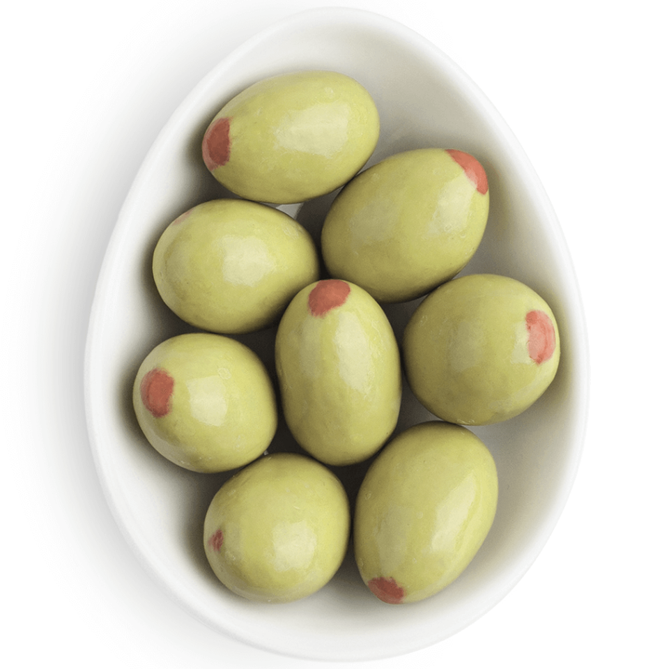 Martini Olive Almonds inside white oval dish