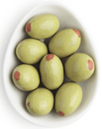 Martini Olive Almonds inside white oval dish