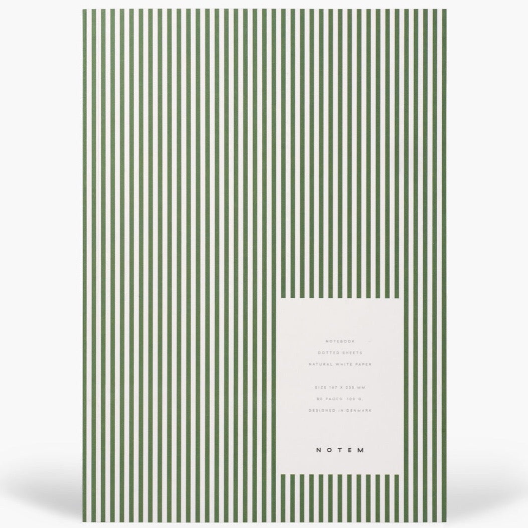 Green and white vertically stripped notebook. Whit box on right hand side with texts that says "notebook Dotted Sheets by Notem"