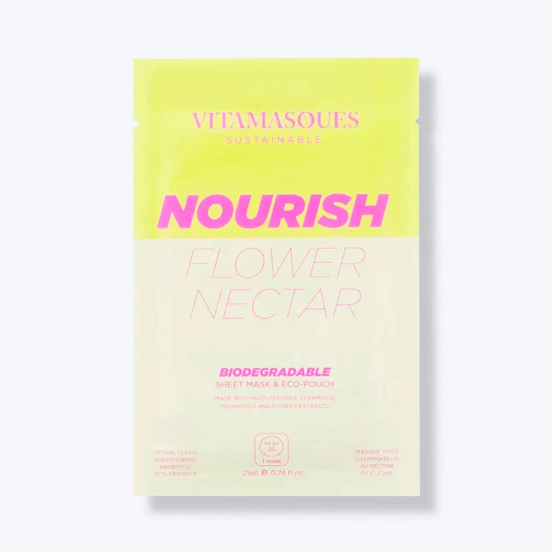 two toned yellow packaging with pink text for the nourish flower nectar biodegradable sheet mask