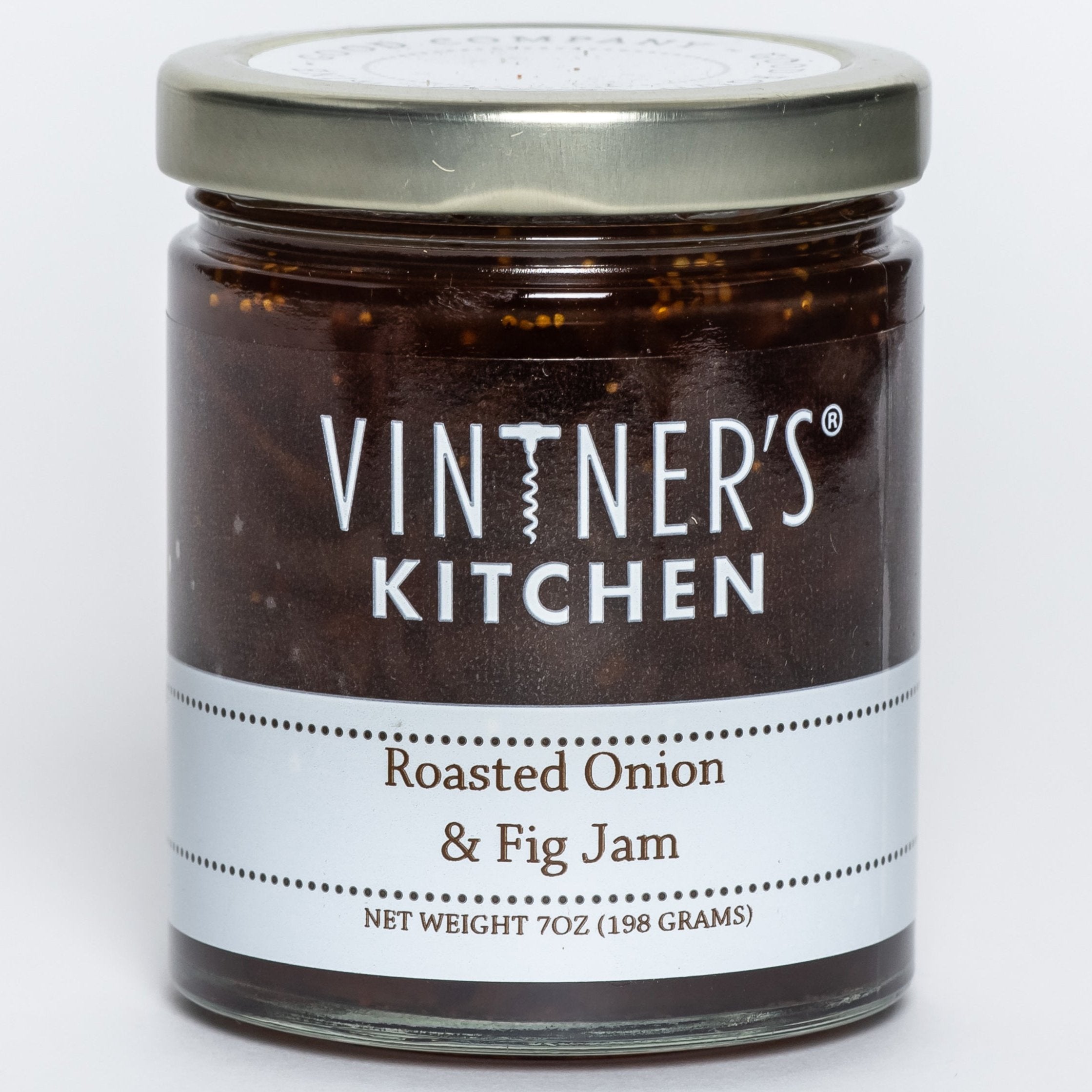 Jam jar with a flavor of Roasted Onion and Fig on a white background 