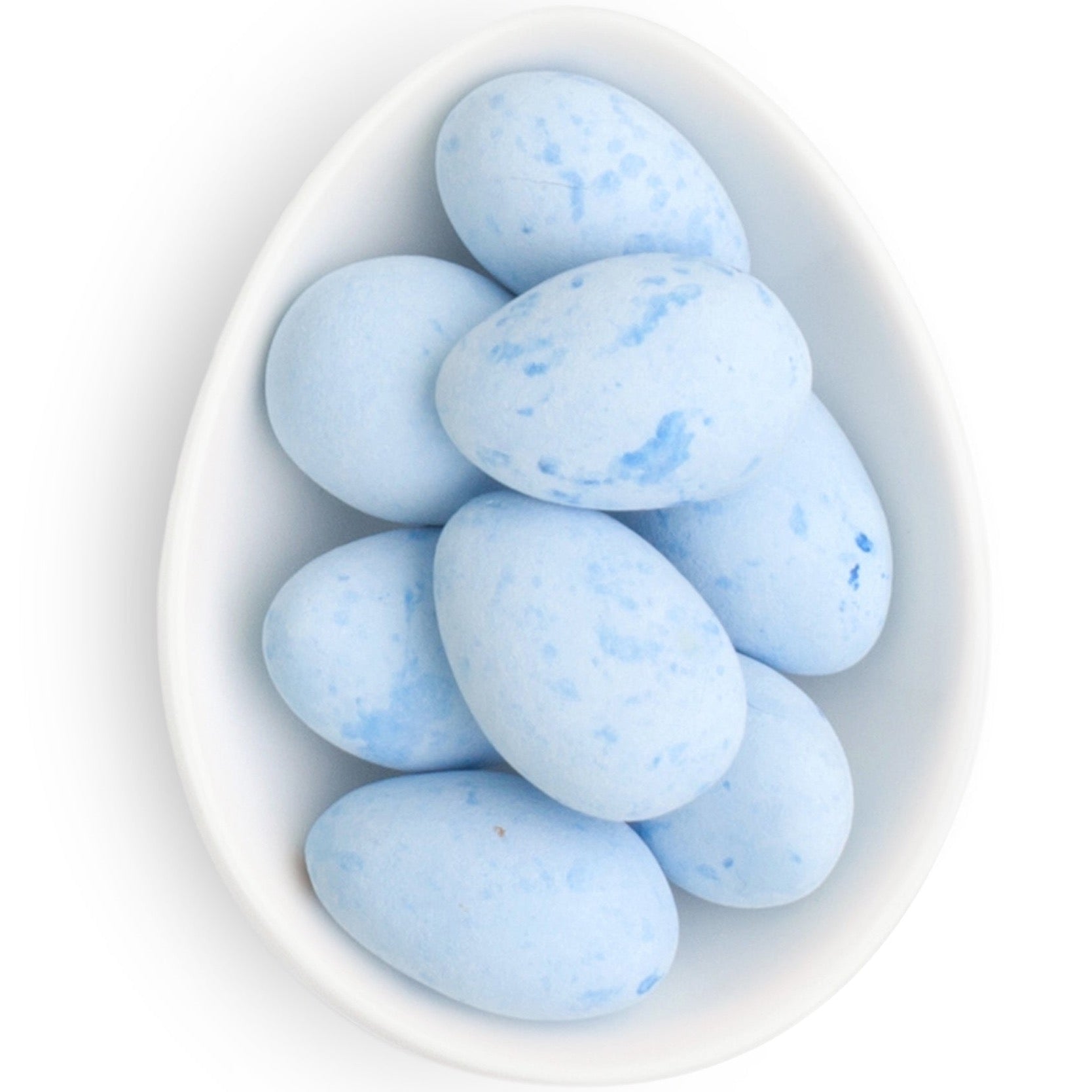 Small dish full of blue egg-shaped candies.