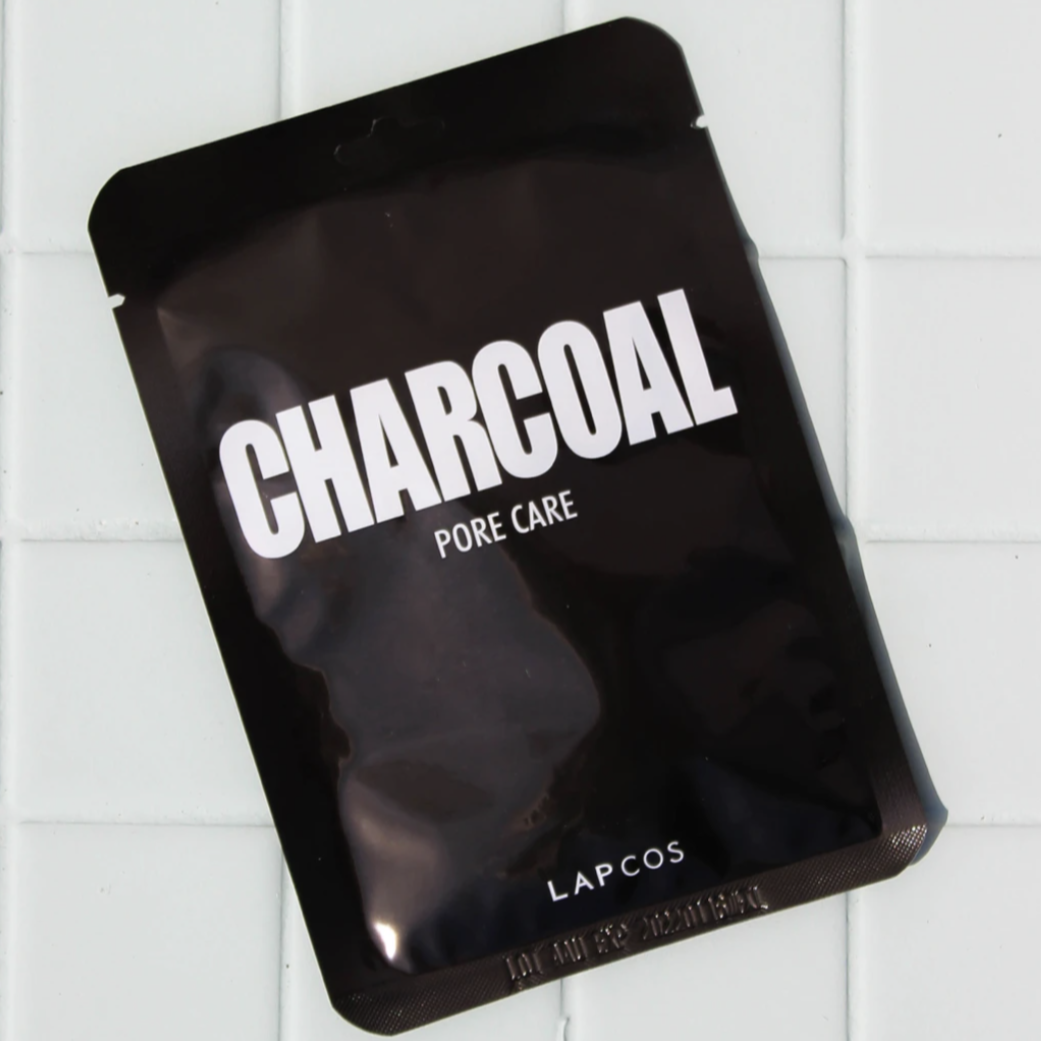 charcoal face mask, black rectangular shiny flat package