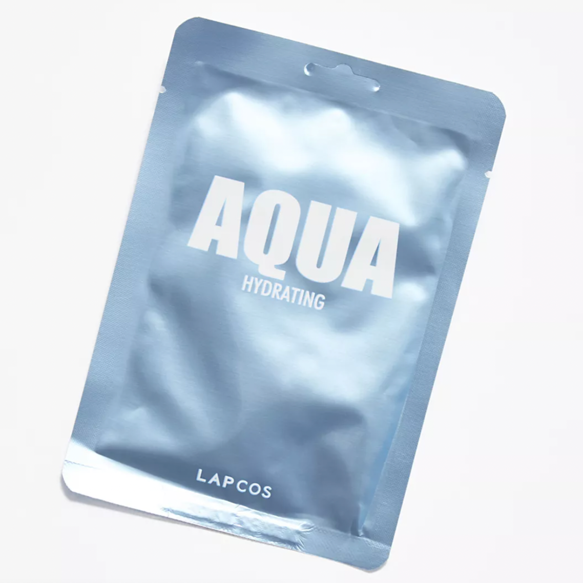 Blue face mask that reads "AQUA HYDRATING LAPCOS"