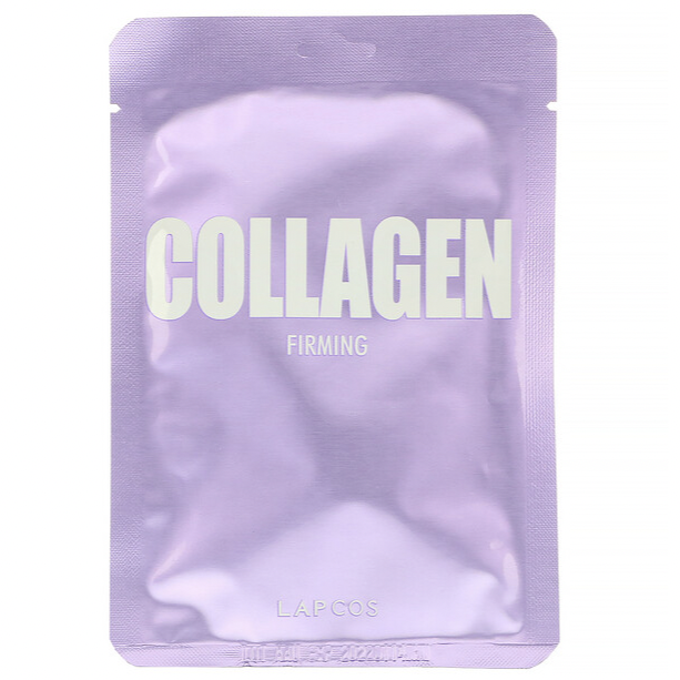 Purple package for sheet mask that reads &quot;COLLAGEN FIRMING LAPCOS&quot;