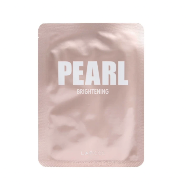 Pink sheet mask packaging that reads "PEARL BRIGHTENING LAPCOS"