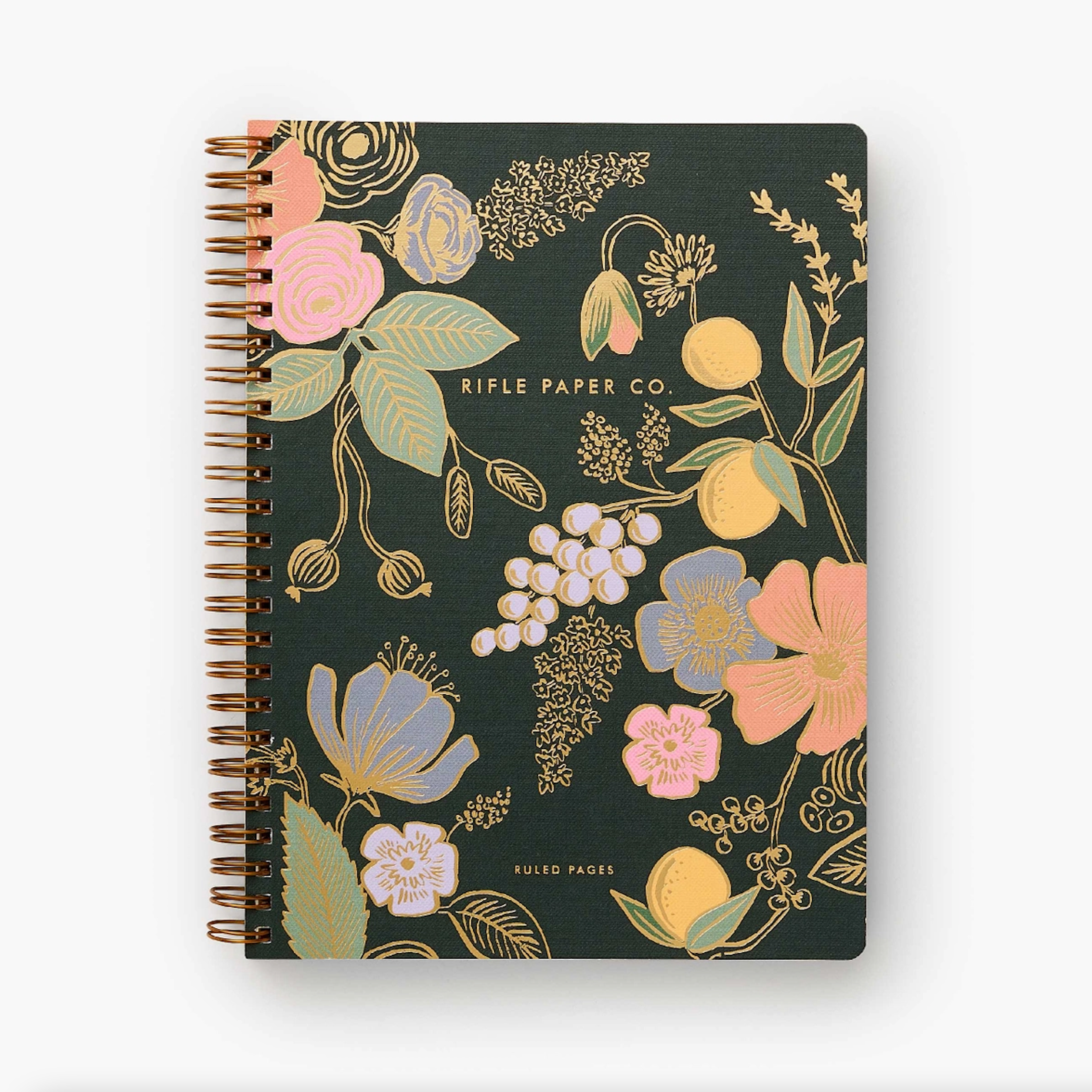 Green spiral notebook with colorful floral elements outlines in gold foil.