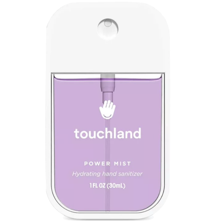 Purple hand sanitizer spray bottle with white cap.