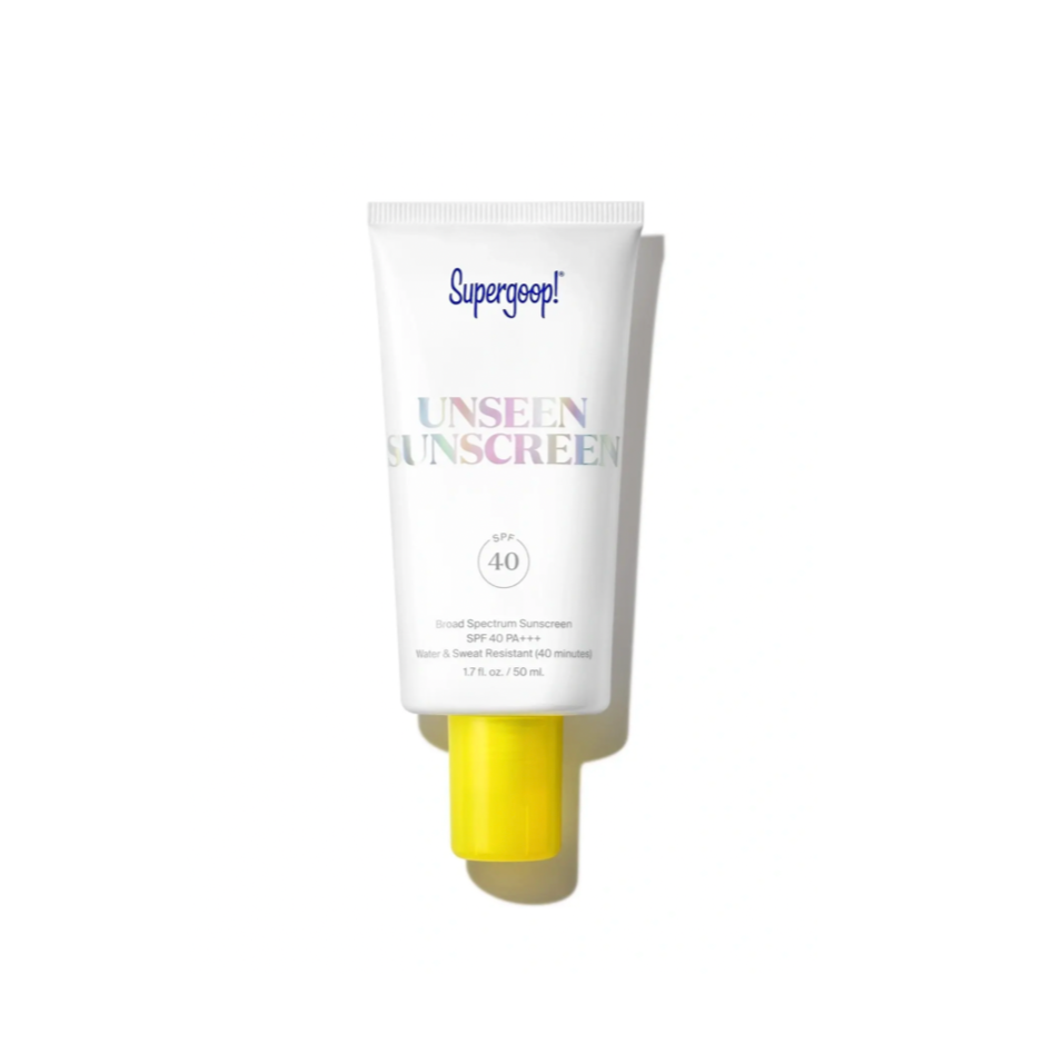 White UNSEEN SUNSCREEN with yellow cap and iridescent writing on white background