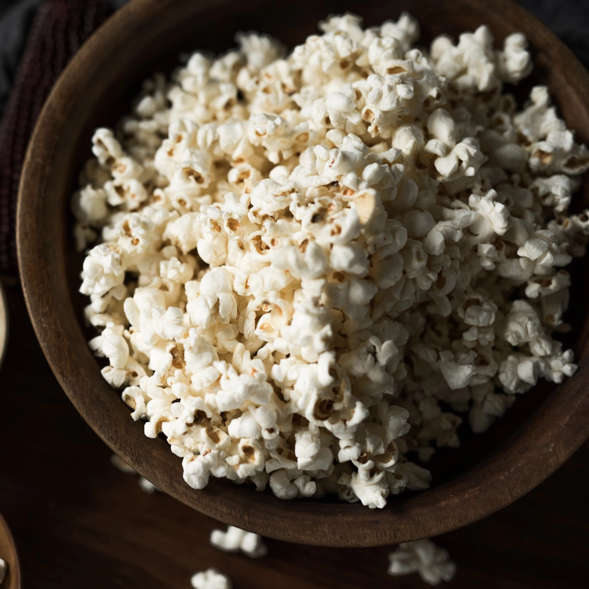 bowl of popped popcorn seen from above