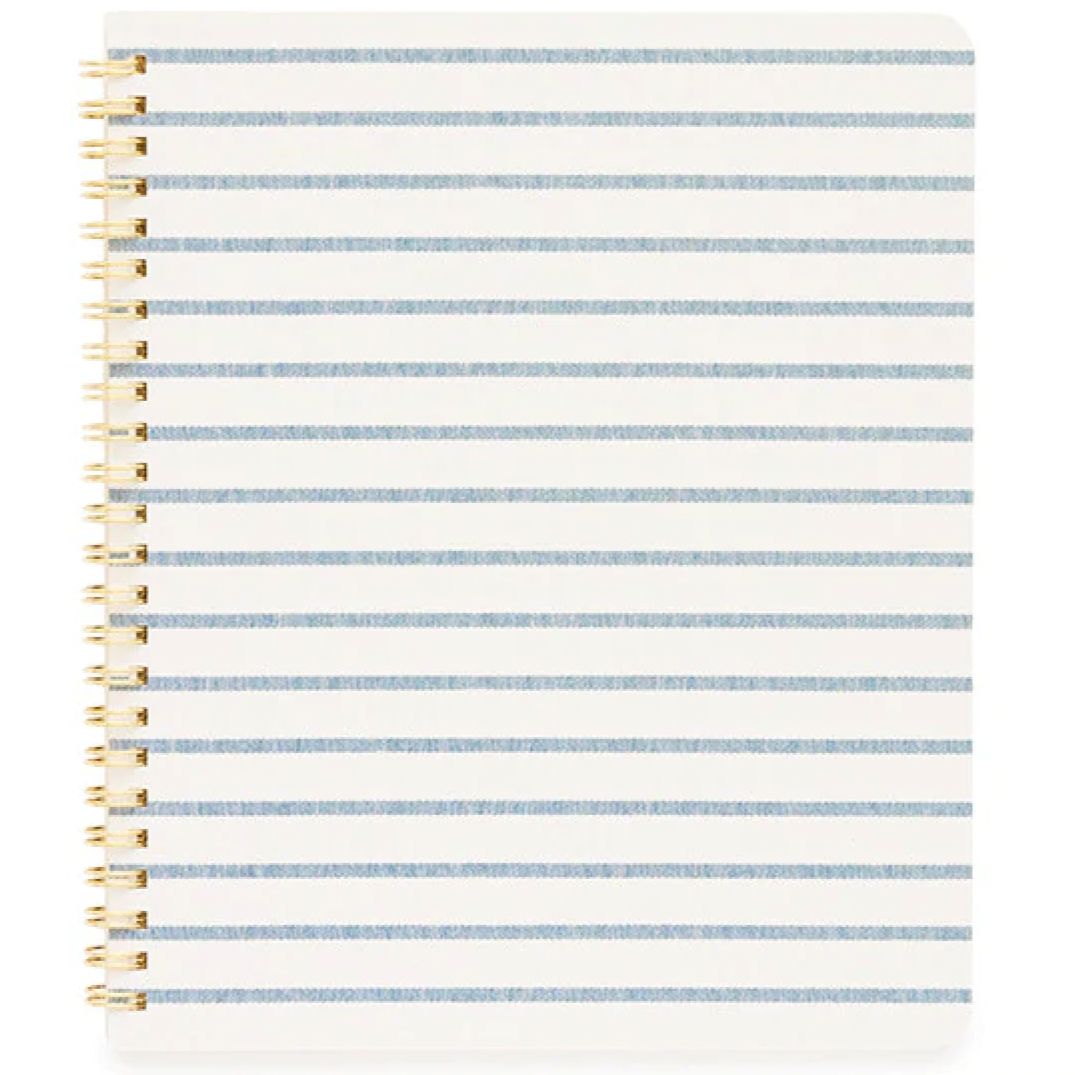 Blue Stripe Gold spiral bound notebook on white