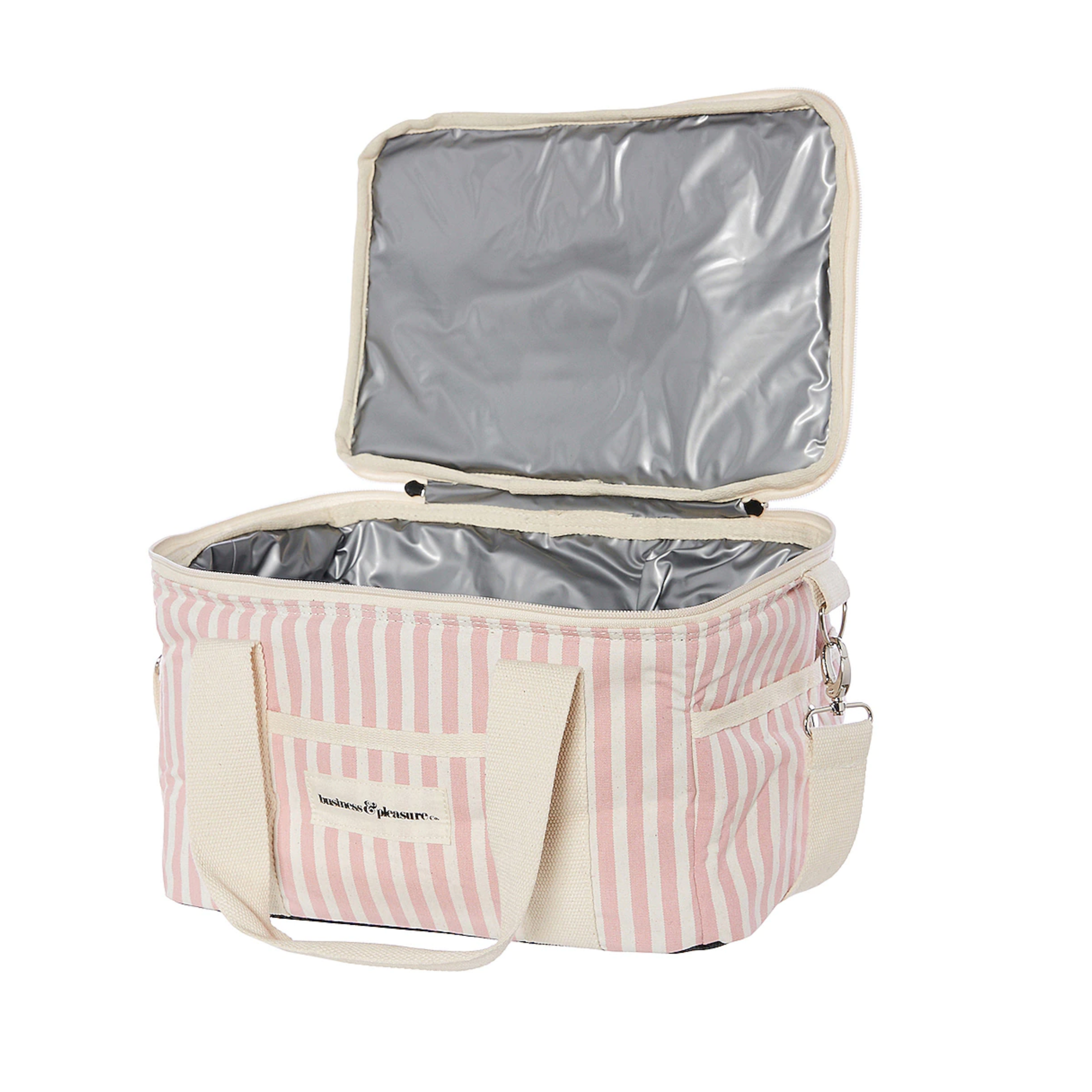 pink striped premium cooler bag opened showing the insulation inside