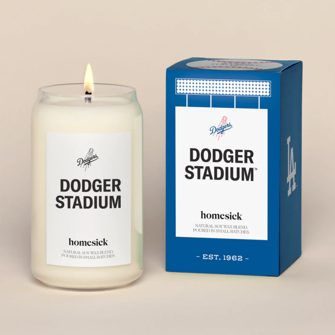 Dodger stadium glass candle with blue box on side