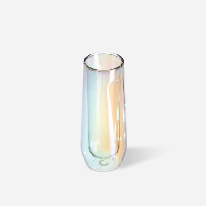 Double-walled glass champagne flute with prismatic rainbow sheen photographed on white background.