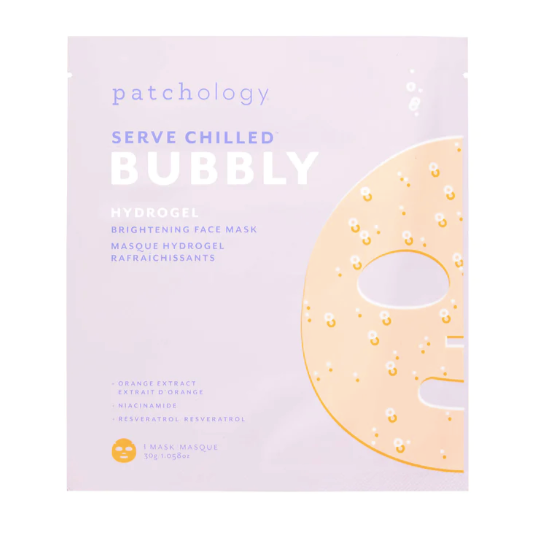 Square, light purple envelope with graphic of the Bubbly Hydrogel Face Mask on the right side. Text on packaging reads,"patchology Serve Chilled Bubbly Hydrogel Brightening Face Mask -Orange Extract -Niacinamide -Resveratrol 1 Mask 30g 1.058oz". Photographed on white background. 