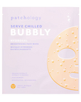 Square, light purple envelope with graphic of the Bubbly Hydrogel Face Mask on the right side. Text on packaging reads,"patchology Serve Chilled Bubbly Hydrogel Brightening Face Mask -Orange Extract -Niacinamide -Resveratrol 1 Mask 30g 1.058oz". Photographed on white background. 