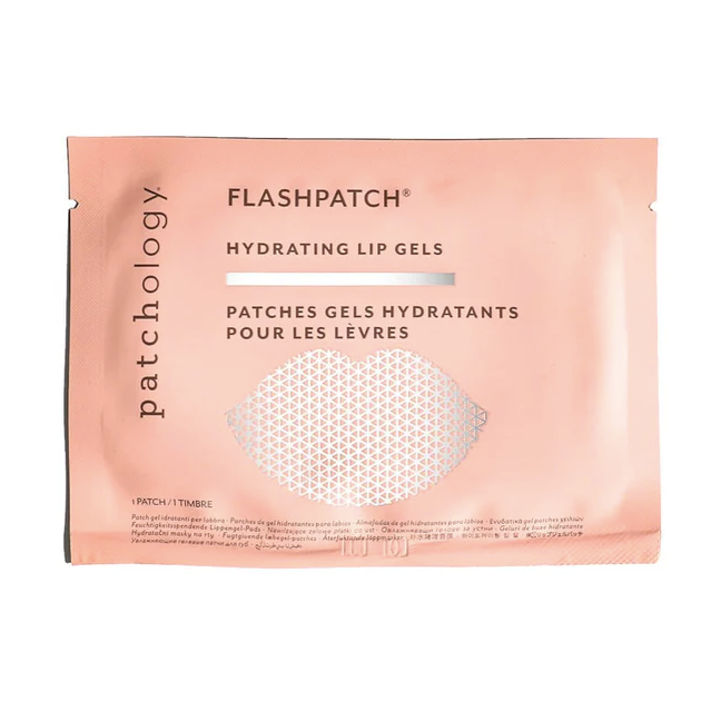 A blush pink envelope with lip graphic on middle with silver geometric print inside. Text on packaging reads, "Patchology Flashpatch Hydrating Lip Gels 1 patch". Photographed on white background. 