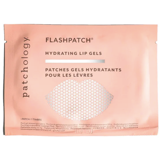 A blush pink envelope with lip graphic on middle with silver geometric print inside. Text on packaging reads, "Patchology Flashpatch Hydrating Lip Gels 1 patch". Photographed on white background. 