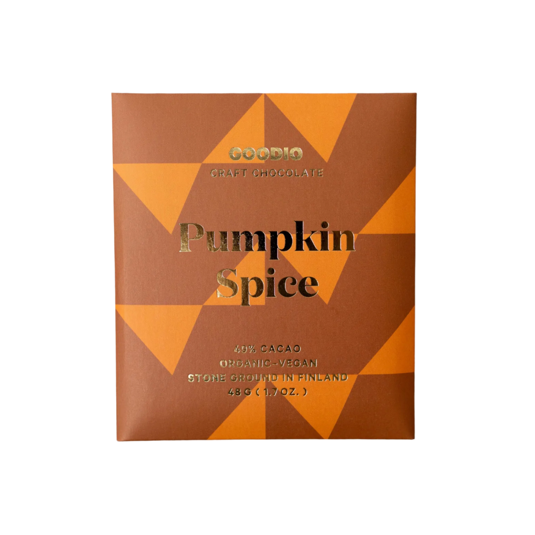 A square chocolate bar packaged in brown and orange geometric designed paper. Gold leaf writing on packaging reads, "Goodio Craft Chocolate Pumpkin Spice 49% Cacao Organic - Vegan Stone Ground in Finland 48g (1.7 oz.)".