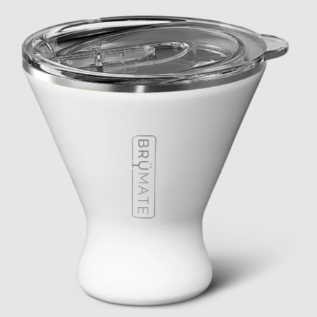 A white, martini glass shaped white insulated cup with clear plastic lid and BRUMATE silver text on side. Photographed on white background. 