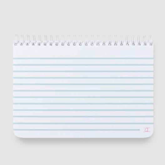 A white notebook with light blue horizontal stripes and white metal spiral binding at top photographed on light beige background.