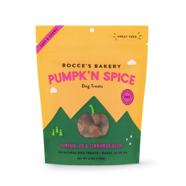 Orange plastic bag with resealable top and green mountain design on bottom. Text on packaging reads, "Soft & Chewy Bocce's Bakery Pumpk'n Spice Dog Treats Pumpkin, PB & Cinnamon Recipe", Photographed on white background 