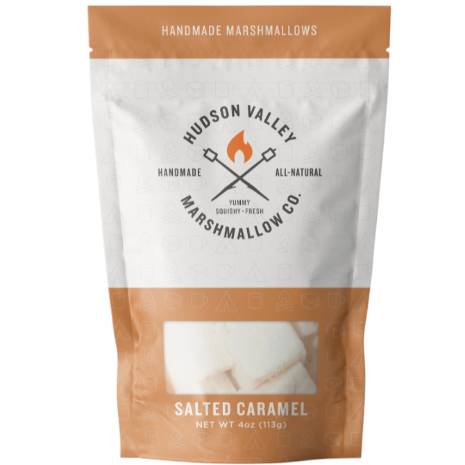 A white and beige resealable plastic bag with text that reads, "Handmade Marshmallows Hudson Valley Marshmallow Co. Salted Caramel" photographed on white background.