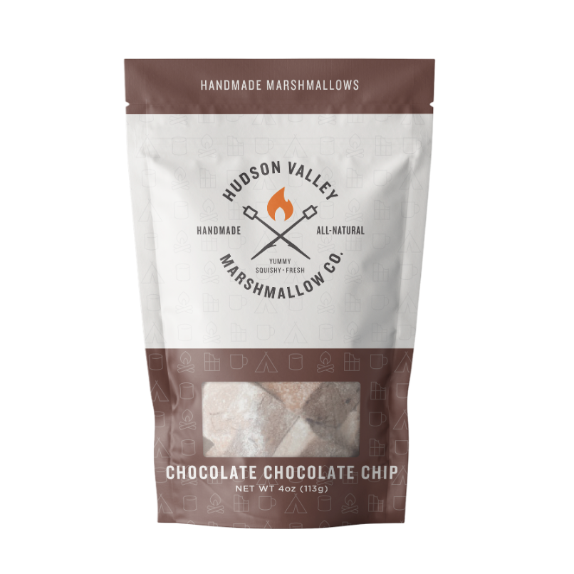 A white and brown resealable plastic bag with text that reads, &quot;Handmade Marshmallows Hudson Valley Marshmallow Co. Chocolate Chocolate Chip&quot; photographed on white background.