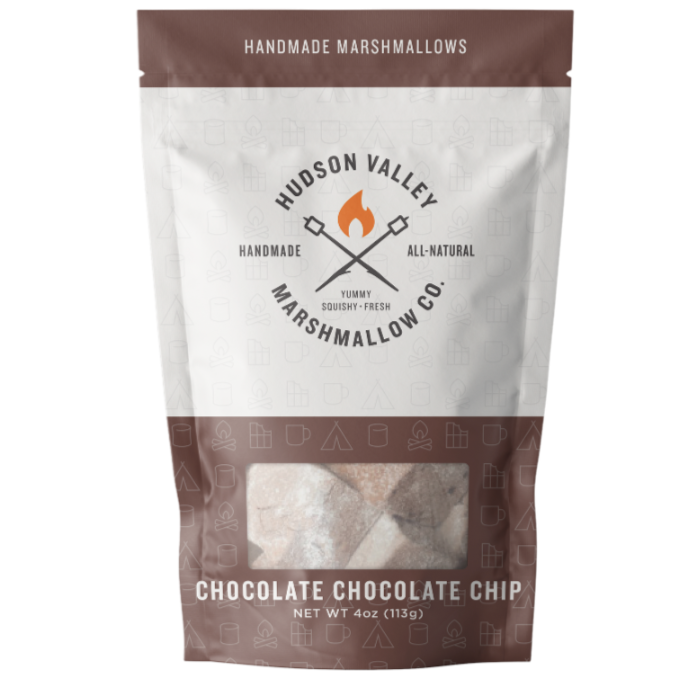 A white and brown resealable plastic bag with text that reads, "Handmade Marshmallows Hudson Valley Marshmallow Co. Chocolate Chocolate Chip" photographed on white background.