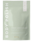 A light green resealable plastic bag with white text that reads, "Fresh Lemongrass Body Polish Moisturizing Exfoliant" photographed on white background