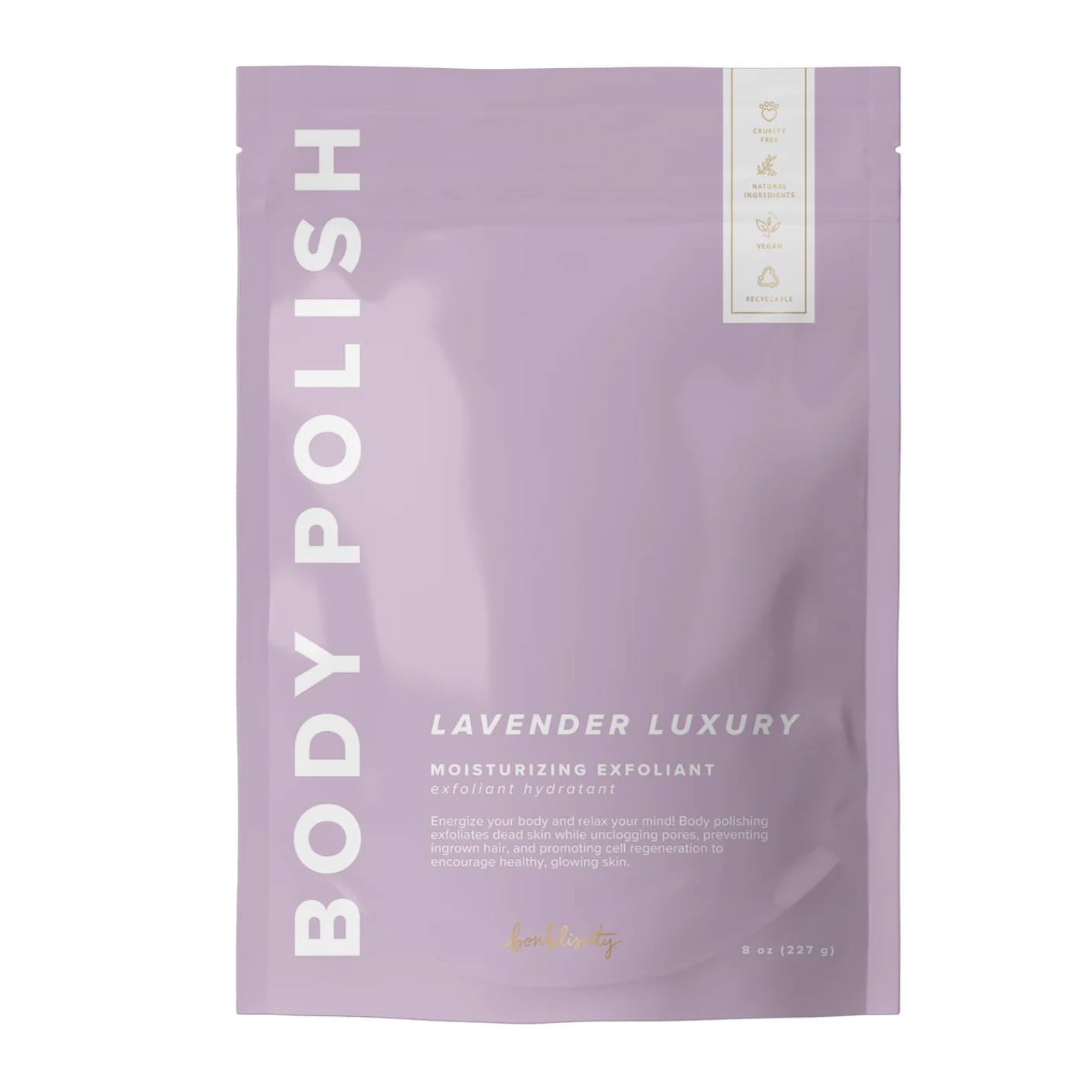 Bag of Lavender Body Polish that reads: Lavender Luxury Moisturizing Exfloiant: Energize you body and relax your mind! Body polishing exfoliates dead skin while unclogging pores, preventing ingrown hair, and promoting cell regeneration to encourage healthy, glowing skin. The bag is a light purple color.