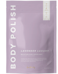 Bag of Lavender Body Polish that reads: Lavender Luxury Moisturizing Exfloiant: Energize you body and relax your mind! Body polishing exfoliates dead skin while unclogging pores, preventing ingrown hair, and promoting cell regeneration to encourage healthy, glowing skin. The bag is a light purple color.